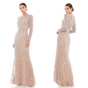 Mac Duggal Cream Silver Beaded Illusion Yoke Long Sleeve Evening #5124 Gown 10